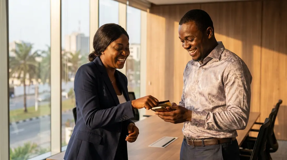 Deux entrepreneurs échangeant leurs coordonnées lors d'une session Ivoire.pro